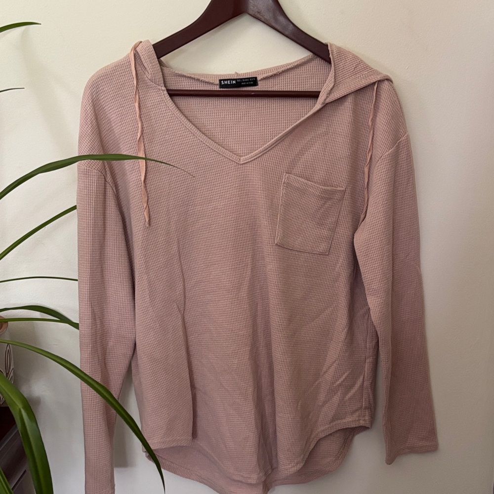 SHEIN Pink V-Neck Waffle Knit Hoodie